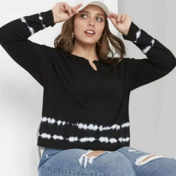 WILD FABLE Boho Tie Dye Long Sleeve Boxy Crop Top Tee Shirt Size M Black White - Picture 3 of 10